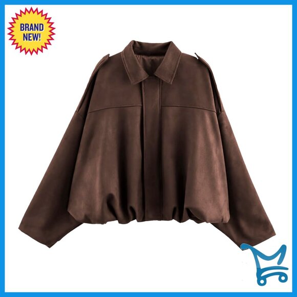 Jackets & Blazers - Faux Suede Bomber Jacket Lightweight Oversized Batwing Sleeves Chic Streetwear